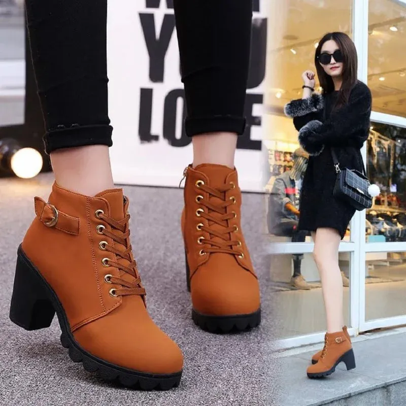 2024 New Spring Winter Women Pumps Boots High Quality Lace-Up European Ladies Shoes PU High Heels Boots Fast Delivery