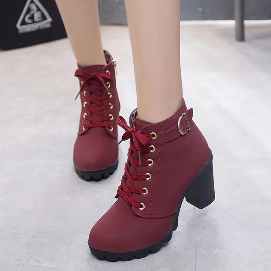 2024 New Spring Winter Women Pumps Boots High Quality Lace-Up European Ladies Shoes PU High Heels Boots Fast Delivery