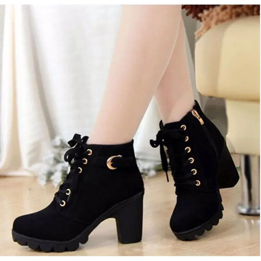 2024 New Spring Winter Women Pumps Boots High Quality Lace-Up European Ladies Shoes PU High Heels Boots Fast Delivery