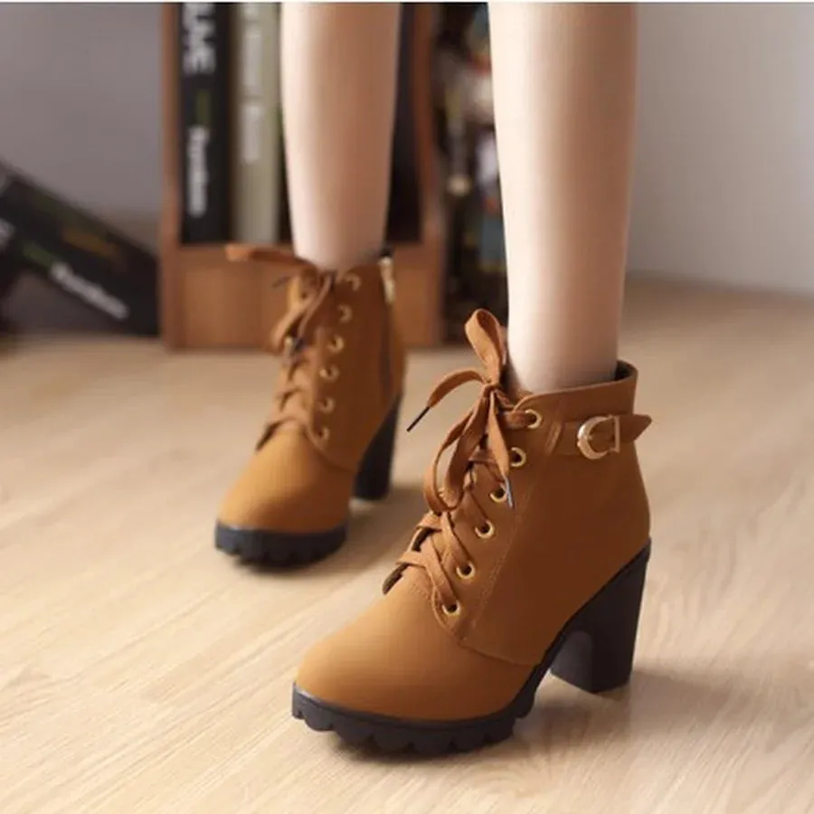 2024 New Spring Winter Women Pumps Boots High Quality Lace-Up European Ladies Shoes PU High Heels Boots Fast Delivery
