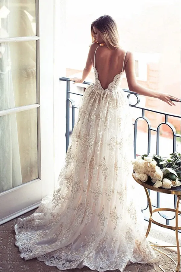 Anneprom Spaghetti Straps Lace A-Line Backless Wedding Dress Bridal Gowns APP0125