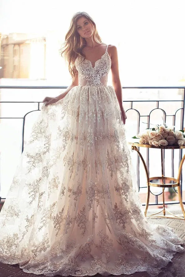 Anneprom Spaghetti Straps Lace A-Line Backless Wedding Dress Bridal Gowns APP0125