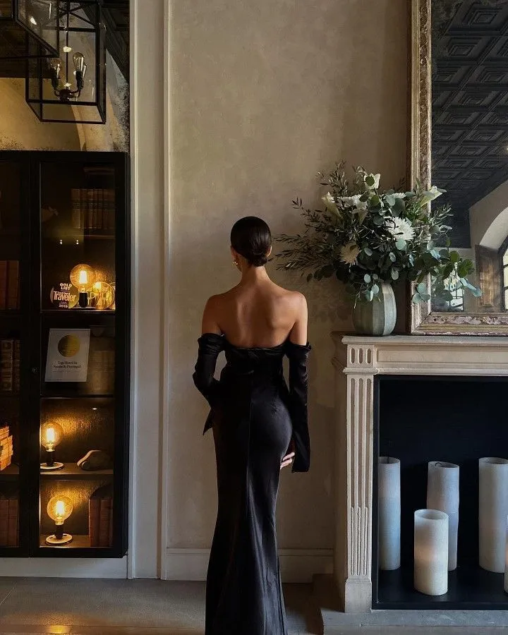 Black Off Shoulder Dress，Open Back Black Evening Dress，Long Sleeve Maxi Dresses