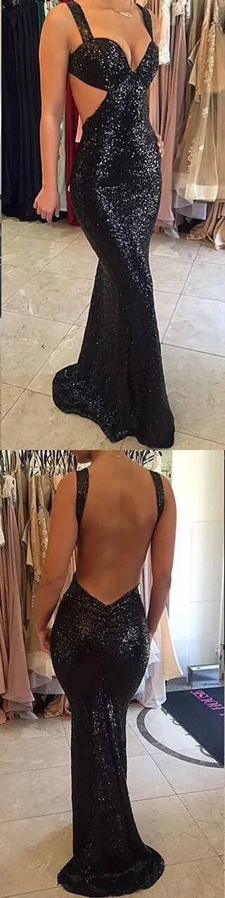 Black Sequined Sparkle Sexy Backless Party Cocktail Evening Long Prom Dresse, PD0200