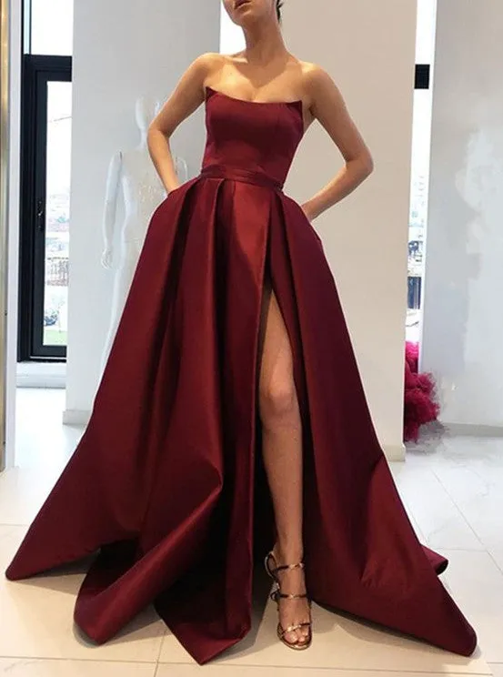 Burgundy Prom Dresses Strapless Bodice Corset Long Evening Bridesmaid Gowns With Leg Split