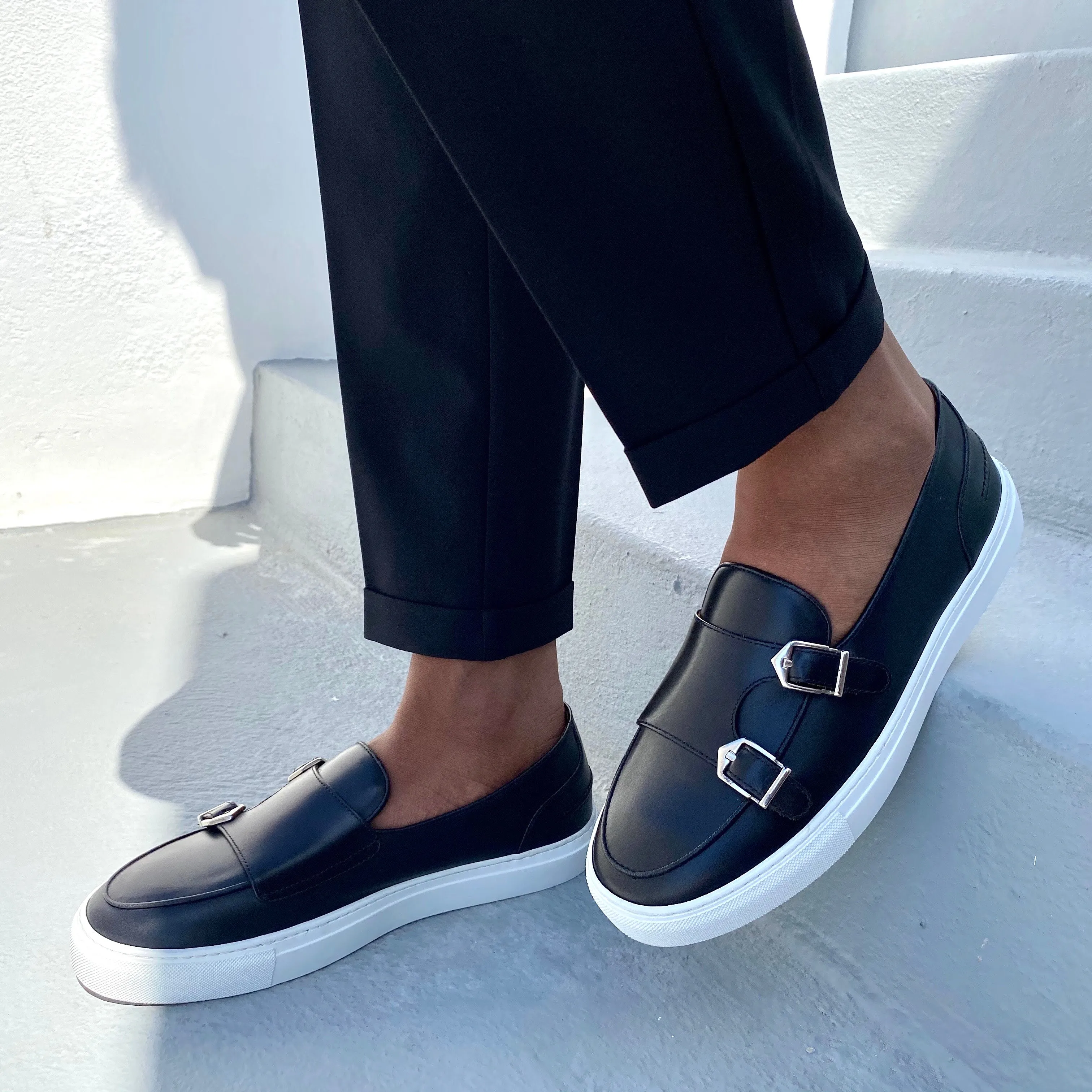 DOUBLE MONK STRAP SLIP ON SNEAKER | BLACK