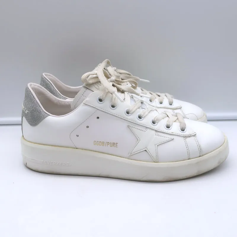 Golden Goose Purestar Sneakers White Leather with Silver Glitter Size 39