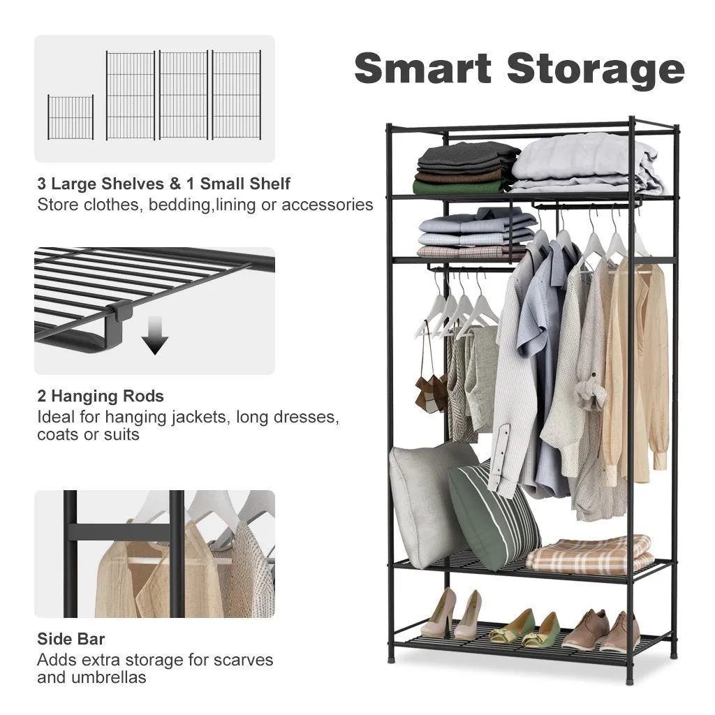 LANGRIA Heavy-Duty Zip Up Closet Shoe Organizer with Detachable Brown Cloth Cover Wardrobe Metal Storage Clothes Rack Armoire with 4 Shelves and 2 Hanging Rods Max Load 463 lbs.