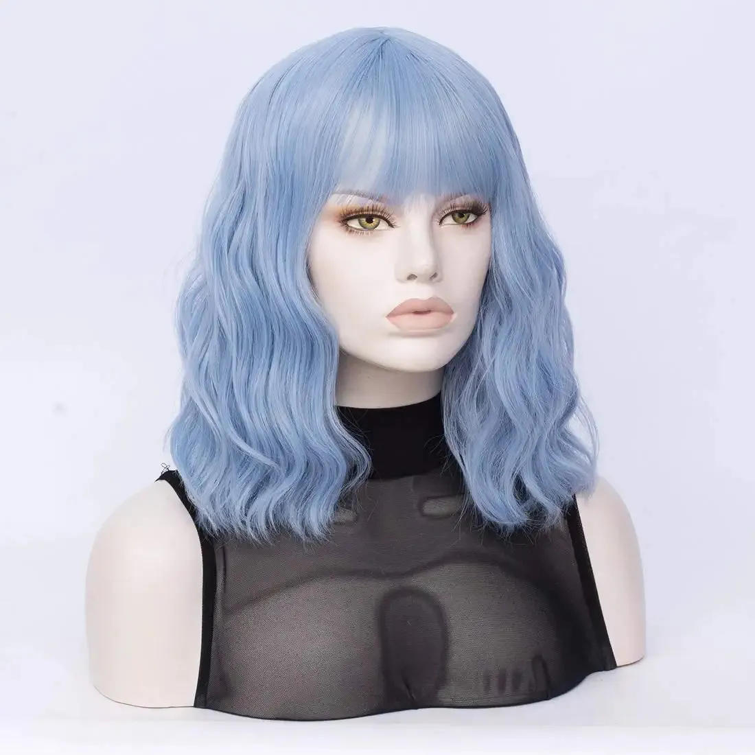 Light Blue Short Bob Wavy Hair Wig with Bang