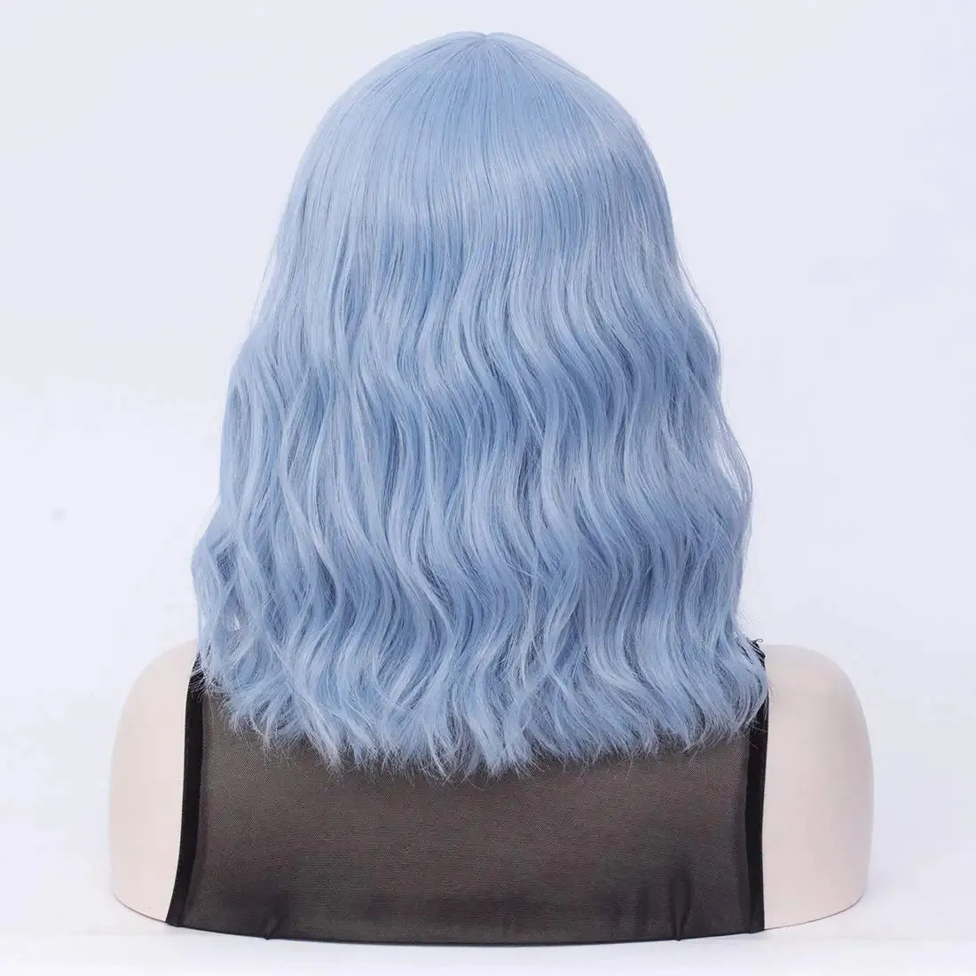 Light Blue Short Bob Wavy Hair Wig with Bang