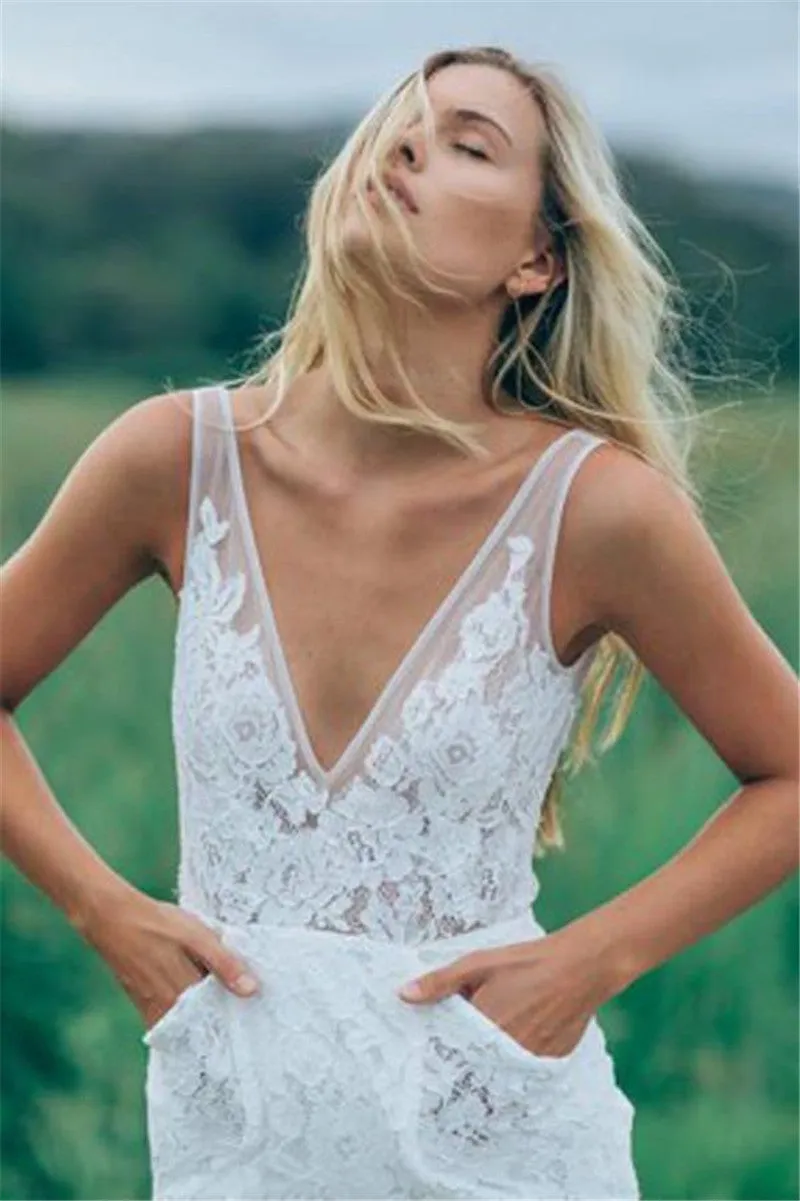 Long Mermaid Wedding Dress with Sleeves,Two Straps Lace Mermaid Wedding Gown,Deep V Neck Lace Wedding Dress UK,Blush Wedding Dress
