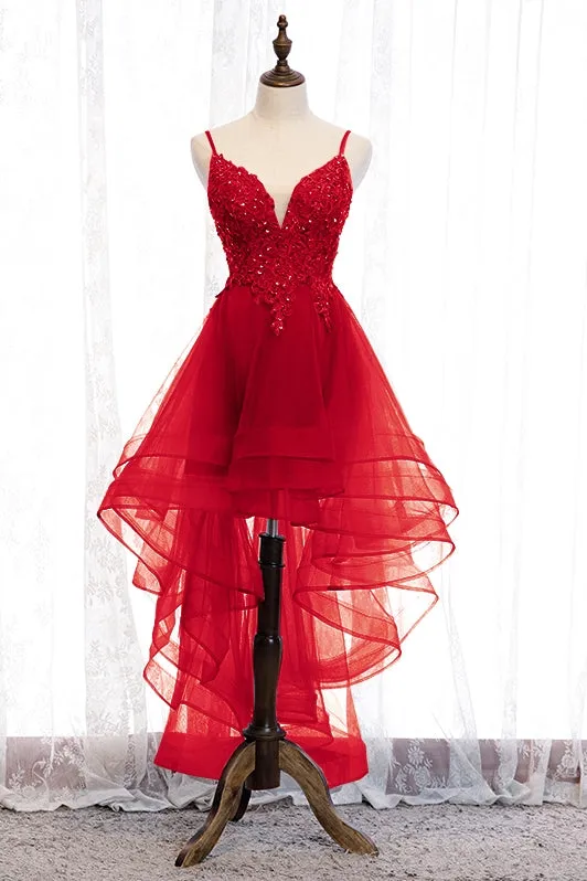Lovely Blue High Low V-neckline Straps Party Dress, New Straps Prom Dress