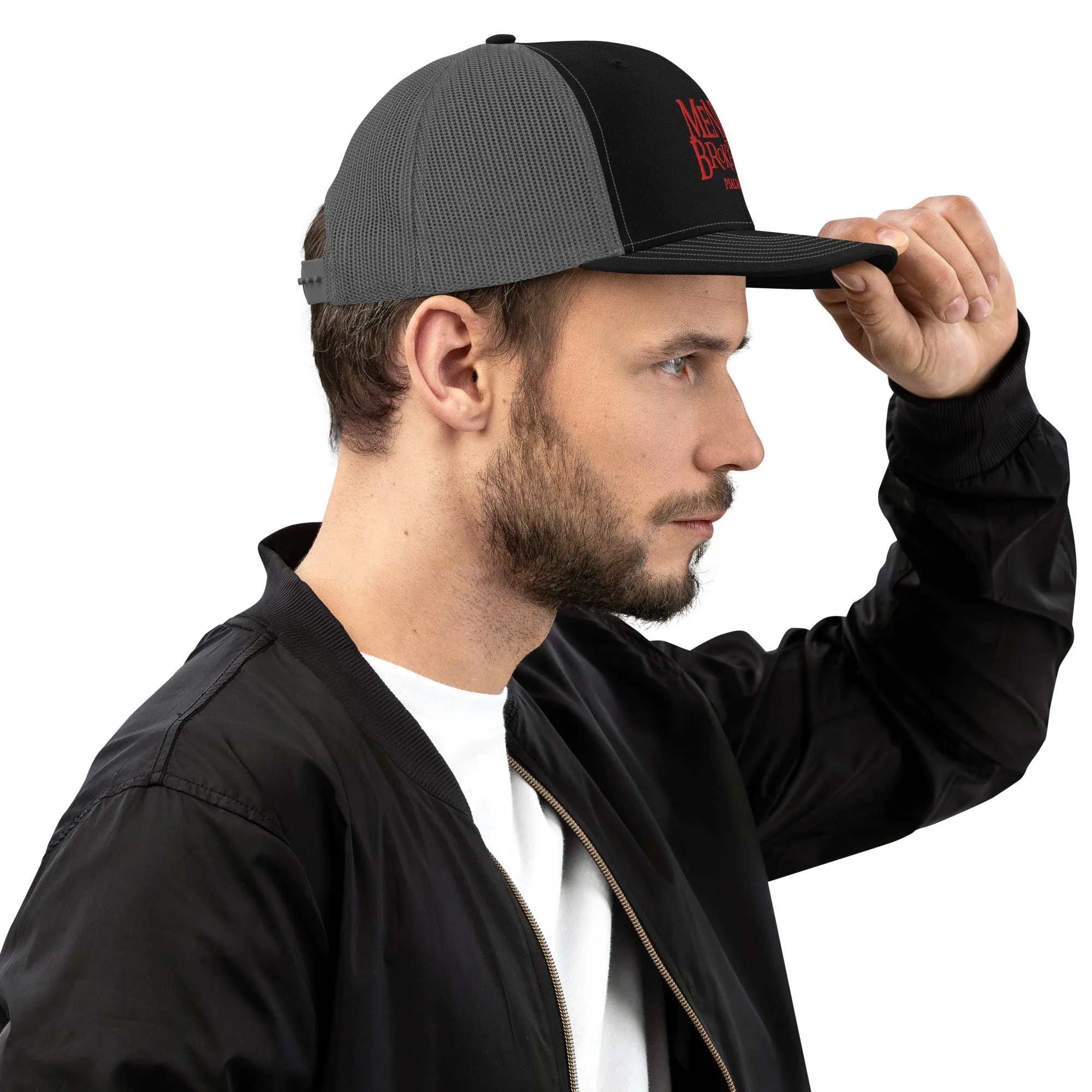 Mender of Brokenness - Embroidered Unisex Adjustable Snapback Trucker Hat - Red Text