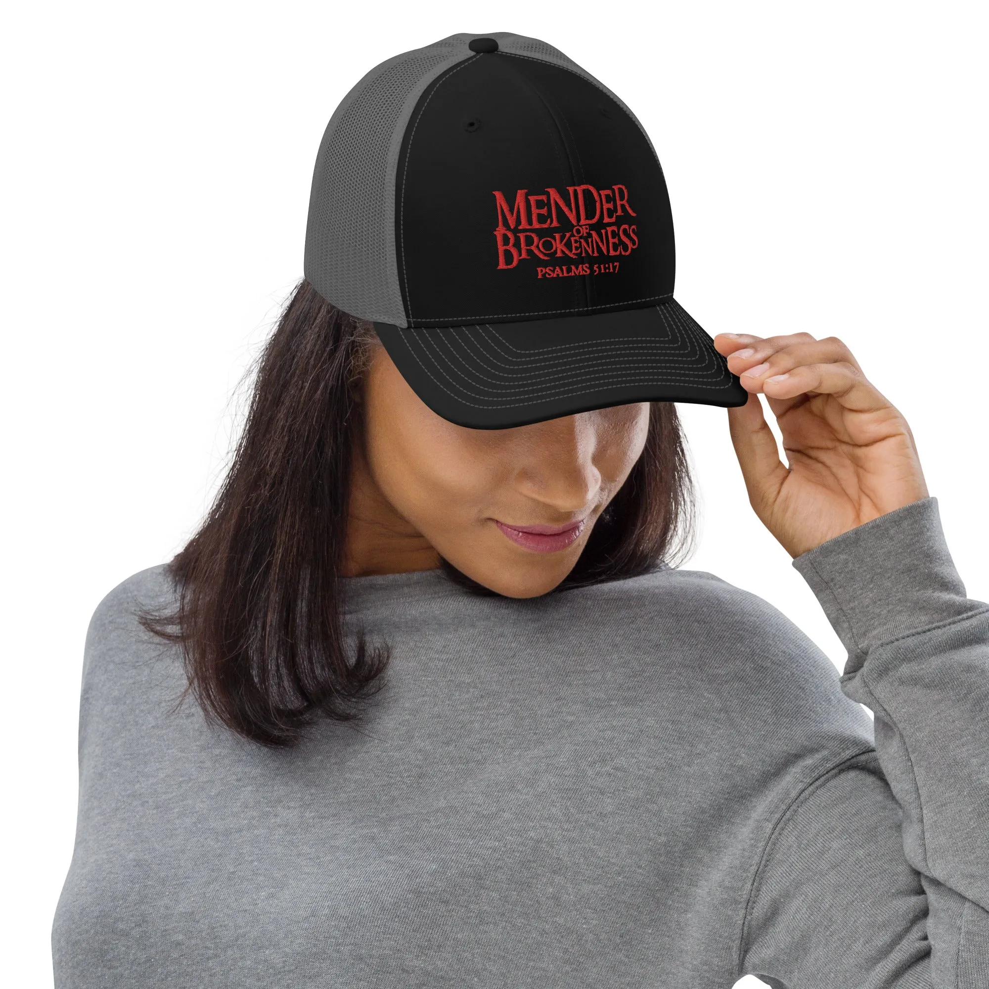 Mender of Brokenness - Embroidered Unisex Adjustable Snapback Trucker Hat - Red Text