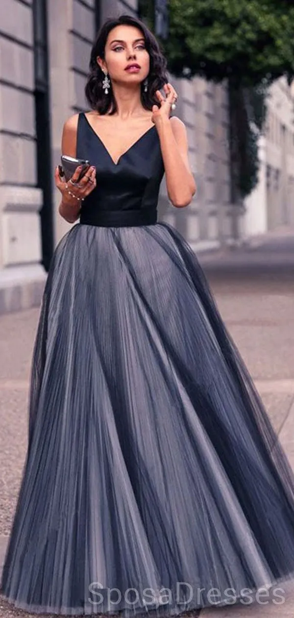 Navy Simple V Neck A-line Evening Prom Dresses, Cheap Custom Sweet 16 Dresses, 18496