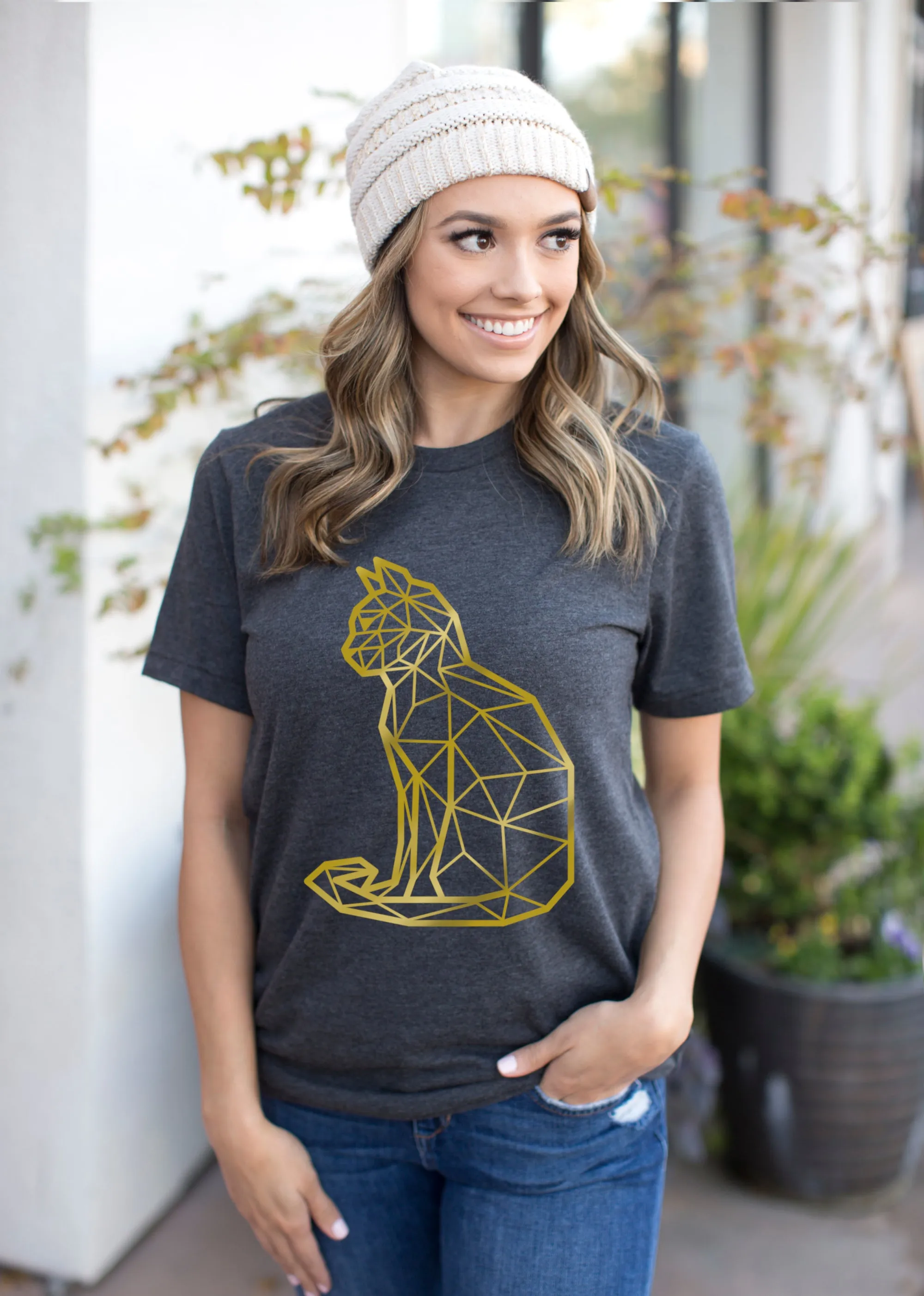 SALE: Gold Geometric Cat T-shirt: V Neck; Crew Neck; Long Sleeve