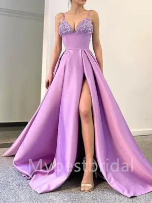 Sexy Spaghetti straps V-neck Side slit A-line Prom Dresses , PDS0419