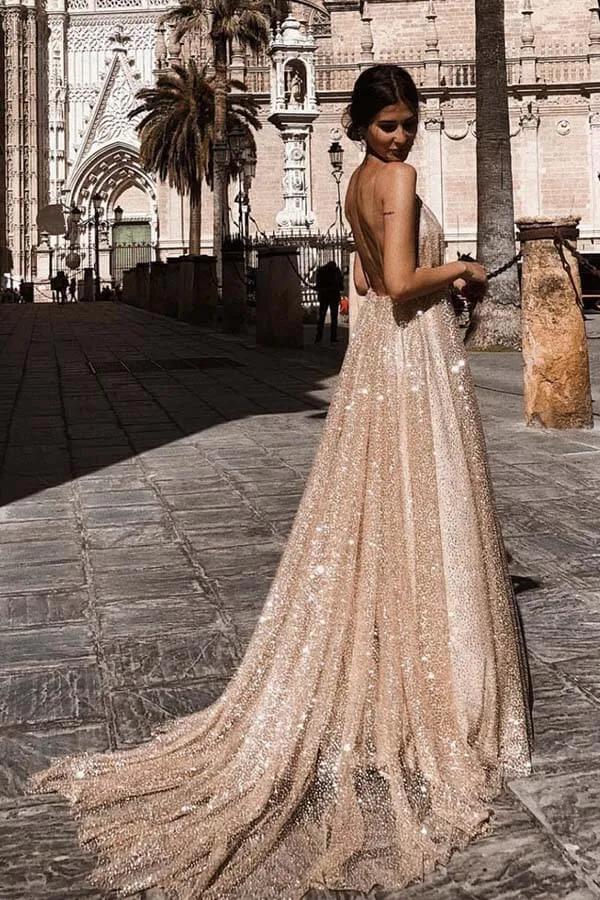 Sparkly Sequin Spaghetti Straps Shinning Unique Long Gorgeous Prom dresses, SP424
