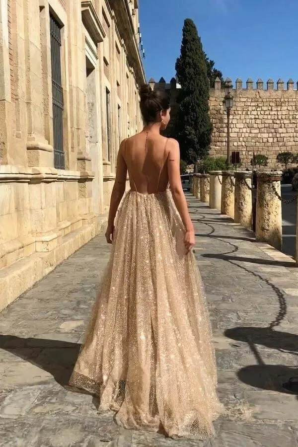 Sparkly Sequin Spaghetti Straps Shinning Unique Long Gorgeous Prom dresses, SP424