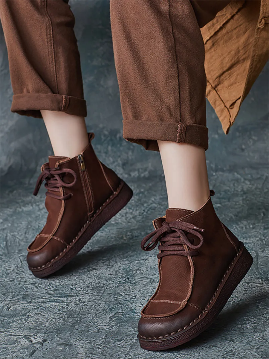 Women Winter Retro Leather Spliced Flat Boots